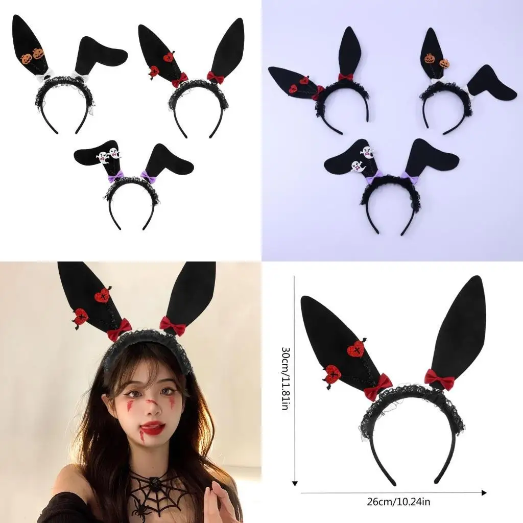 

A52E Girls Bowknot Headbands Halloween Lace Headbands Women Rabbits Ear Dress Up Girls Lace Glitter For Halloween