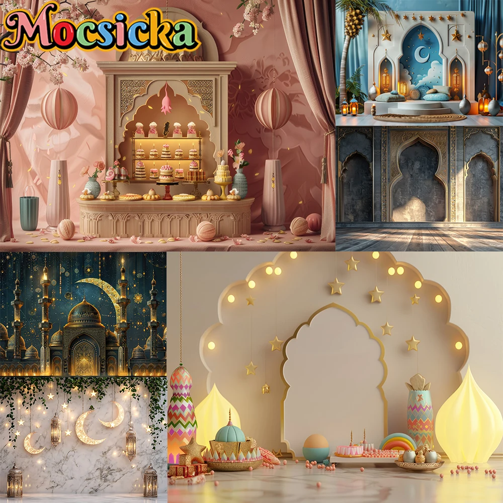 Mocsicka Photography Background Golden Moon Star Night Light Decoration Backdrop Eid Mubarak Holidayt Prom Studio Prop Banner