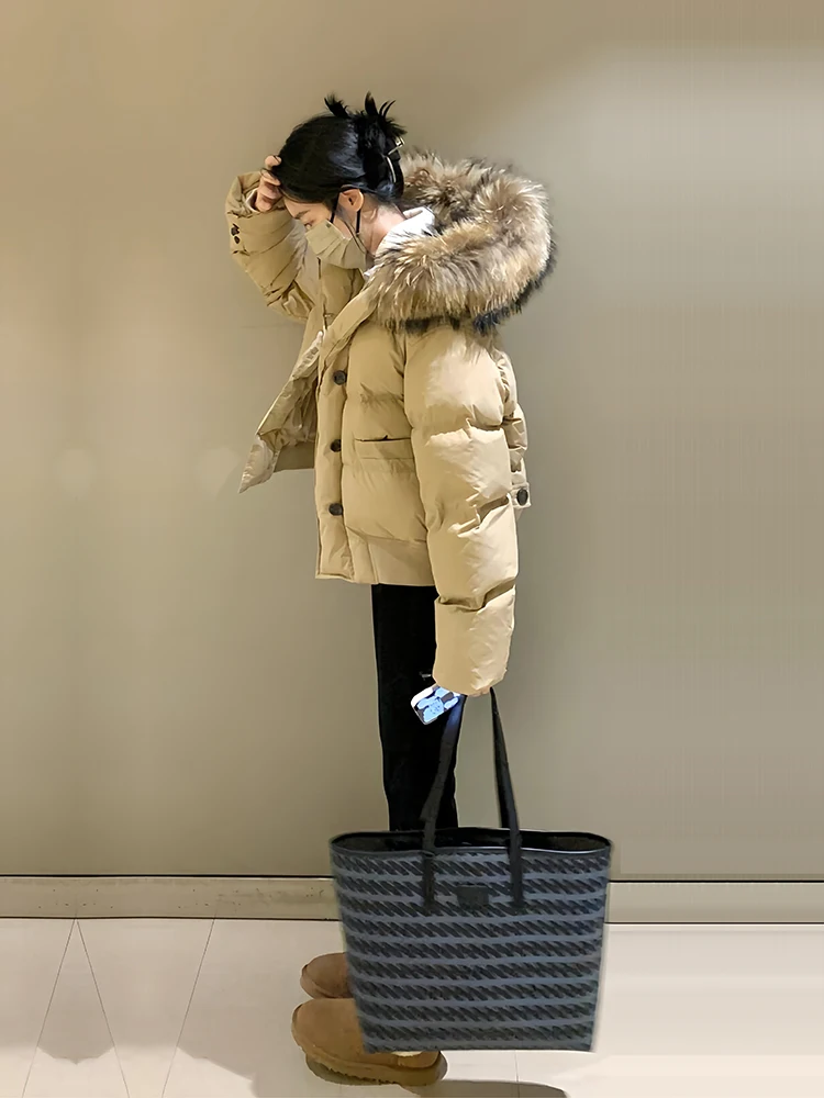 Manteau court rembourré kaki pour femme, veste en coton, grand col en fourrure, vêtements de travail, Parka à capuche, nouvelle collection hiver 2025