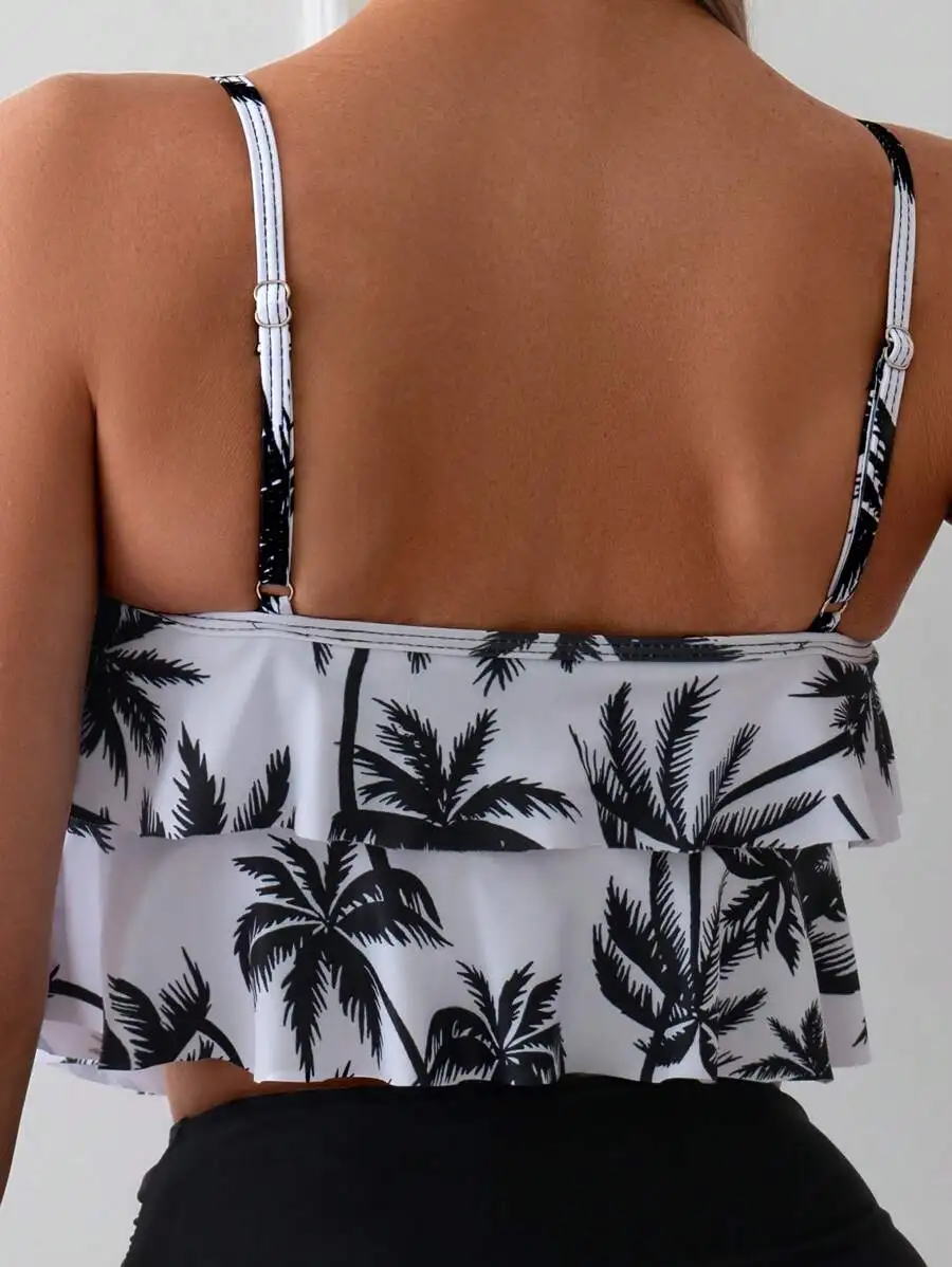 

Womens Ruffled Palm Tree Print Tankini Top Beach Swimsuit
