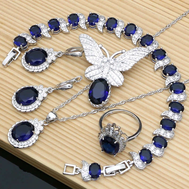 Blue Sapphire Jewelry Sets for Women, 925 Sterling Silver Jewelry Butterfly Brooch Earrings Necklace Ring Bracelet Set Gift