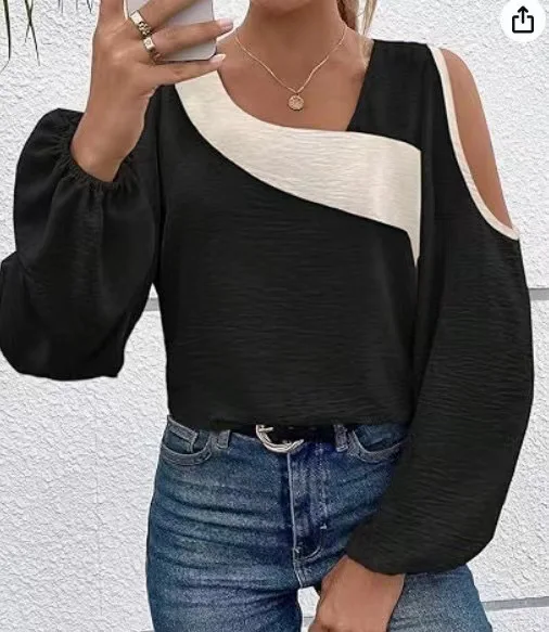 Autumn Winter Patchwork Color Long Sleeve Women's T-shirt  Fashion Off-shoulder Round Neck Casual Pullover Tops T-shirt Women's