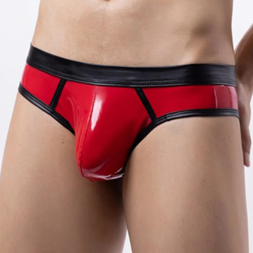 

Mens Sexy Bikini Briefs Underpants Wetlook Patent Leather Low Rise Bulge Pouch Underwear for Nightclub Pool Party Beach Swimwear