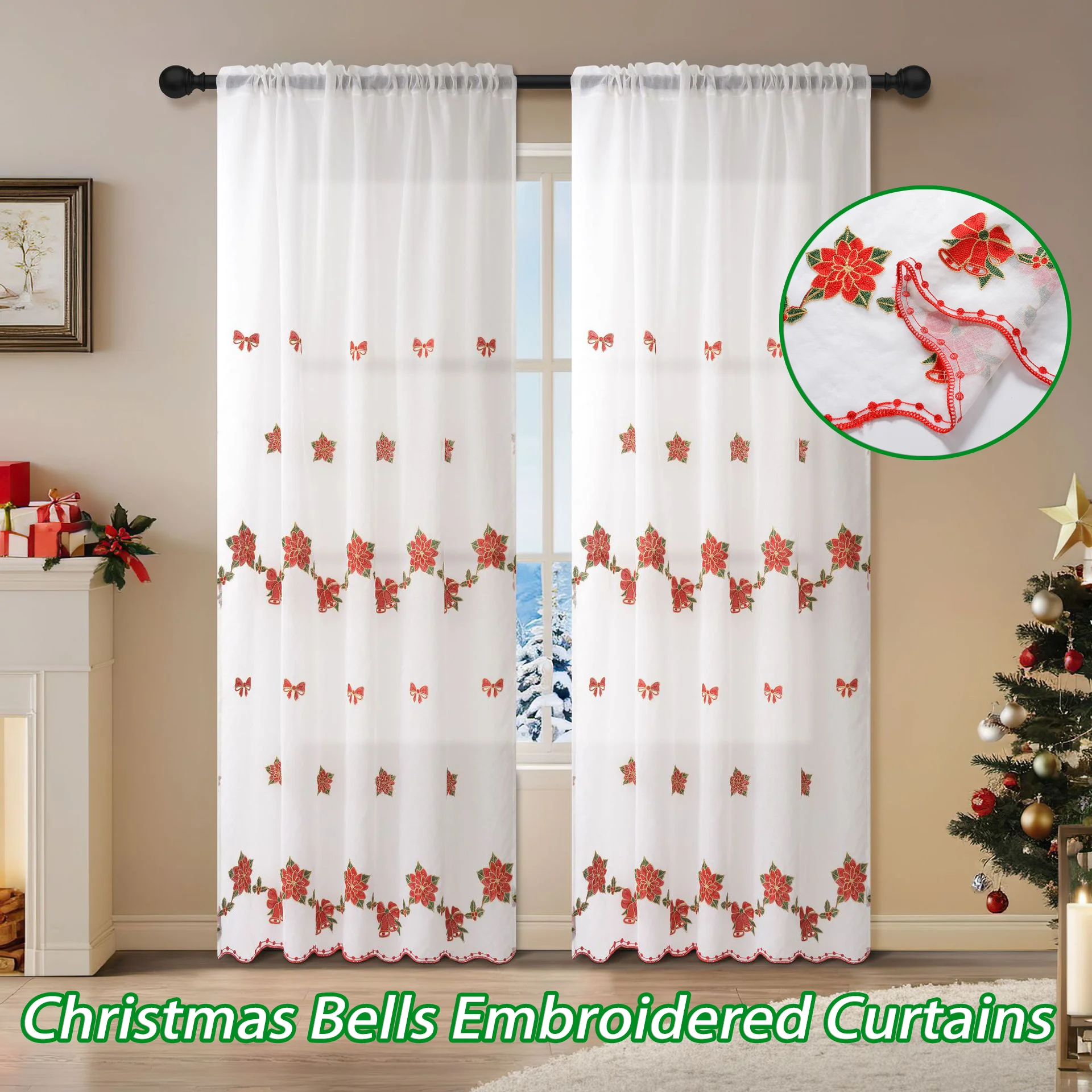 

Christmas Bells Embroidered Curtains White Through Rod Curtains Living Room Dining Room Bedroom Decoration Finished Curtains