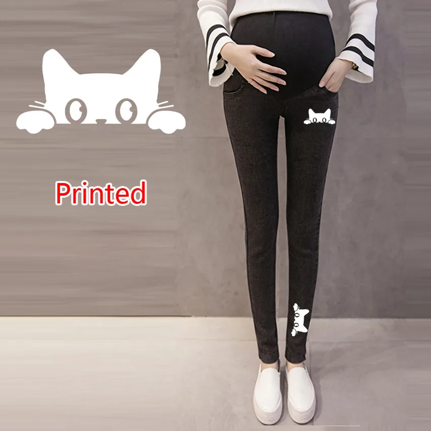 

Women Maternity Jeans Clothes for Pregnant Elastic Thin Pencil Feet Pregnancy Pants Funny Cat Print Denim Skinny Trousers