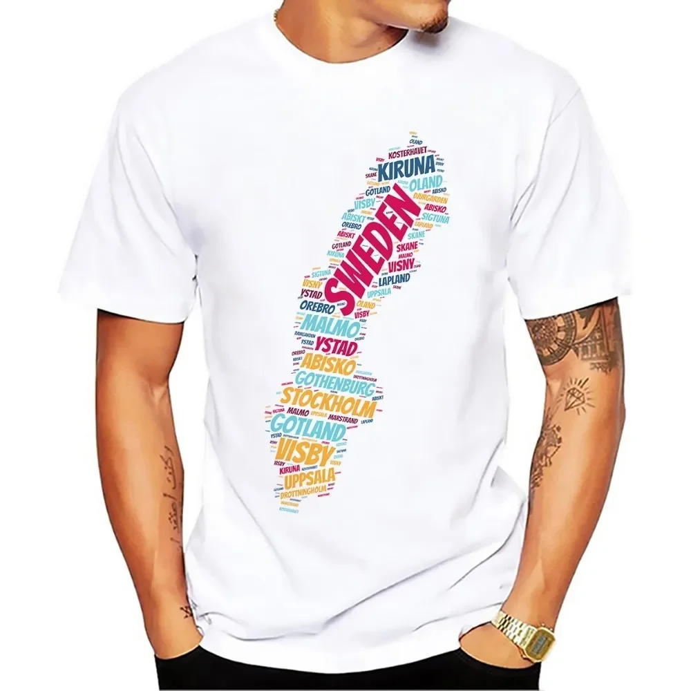 Words Cloud Design,Sweden City Name Map,Funny Geek Tshirt,White Casual Short T-Shirt,High Definition Breathable Print no-crack