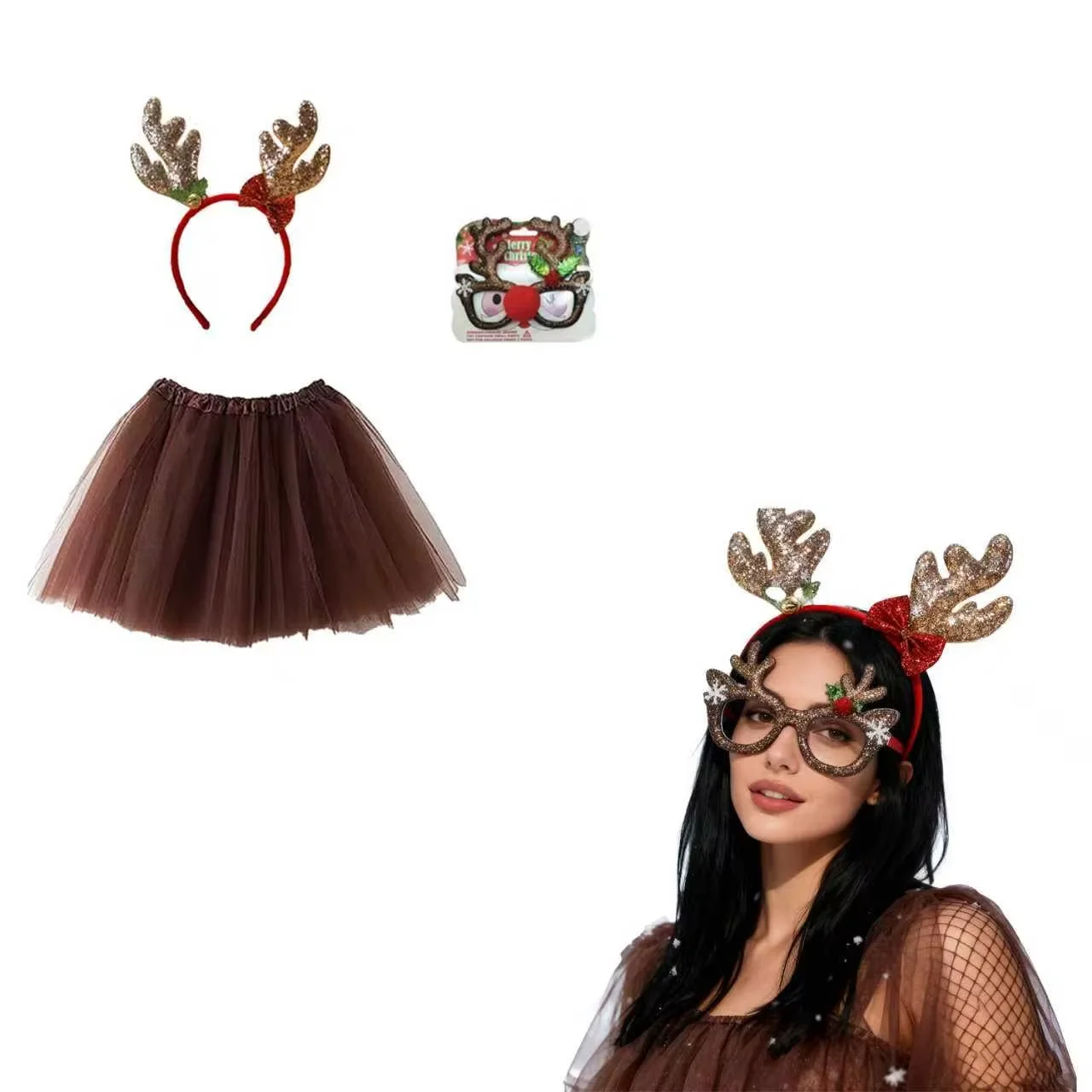 PESENAR Girls Reindeer Costume with Antler Headband Costume Tutu, Animal Dress Up for Halloween Christmas Safari Birthday