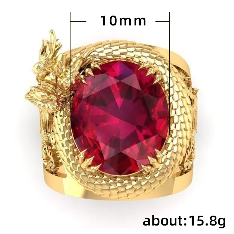 Huitan Luxury Gold Color Dragon Pattern Men Rings Inlaid Big Oval Red Stone Noble Wedding Party Finger Rings Male Trendy Jewelry