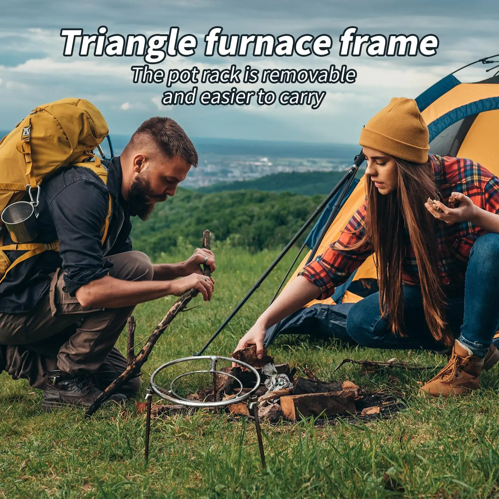 حامل ثلاثي للتخييم للطبخ حامل مثلث للفرن إطار فرن مثلث مقاوم للحرارة للسفر في الهواء الطلق والمطبخ