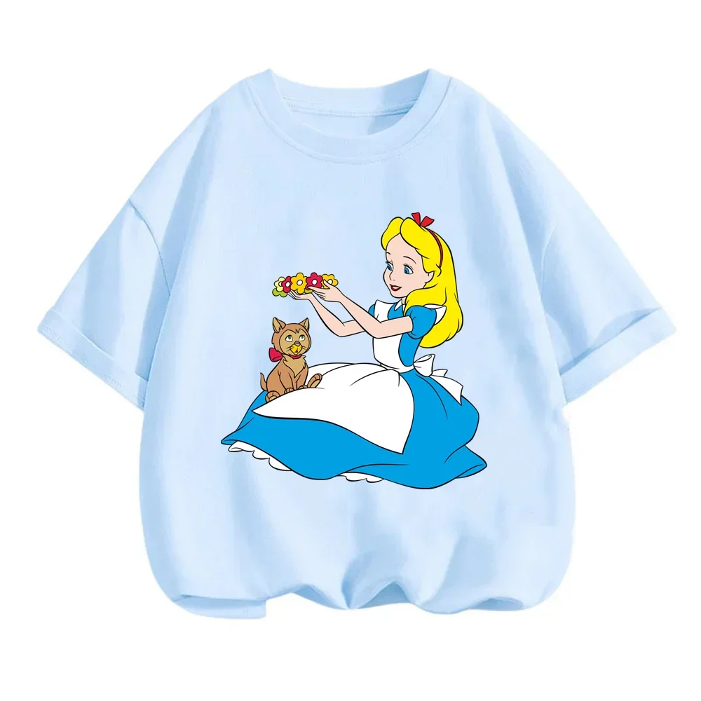 Cool Disney Alice in Wonderland Summer T-Shirts for Kids Q-Version Cartoon Prints O-Neck Trendy Street Upper Wear for Boys Girls