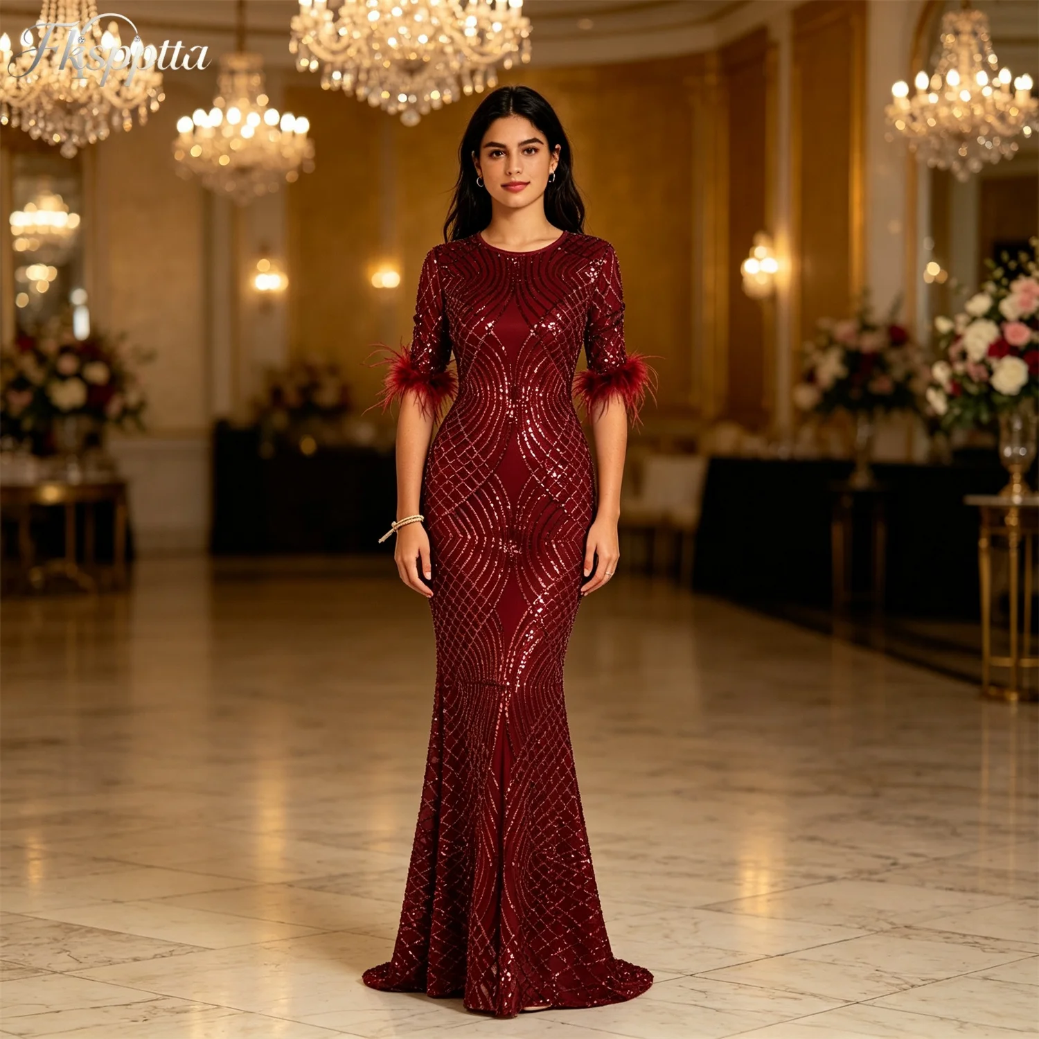 Luxury Burgundy Sequin Mermaid Evening Dress 3/4 Sleeve Feather Trim Long Formal Party Gown Wedding Guest Prom Dresses Customize