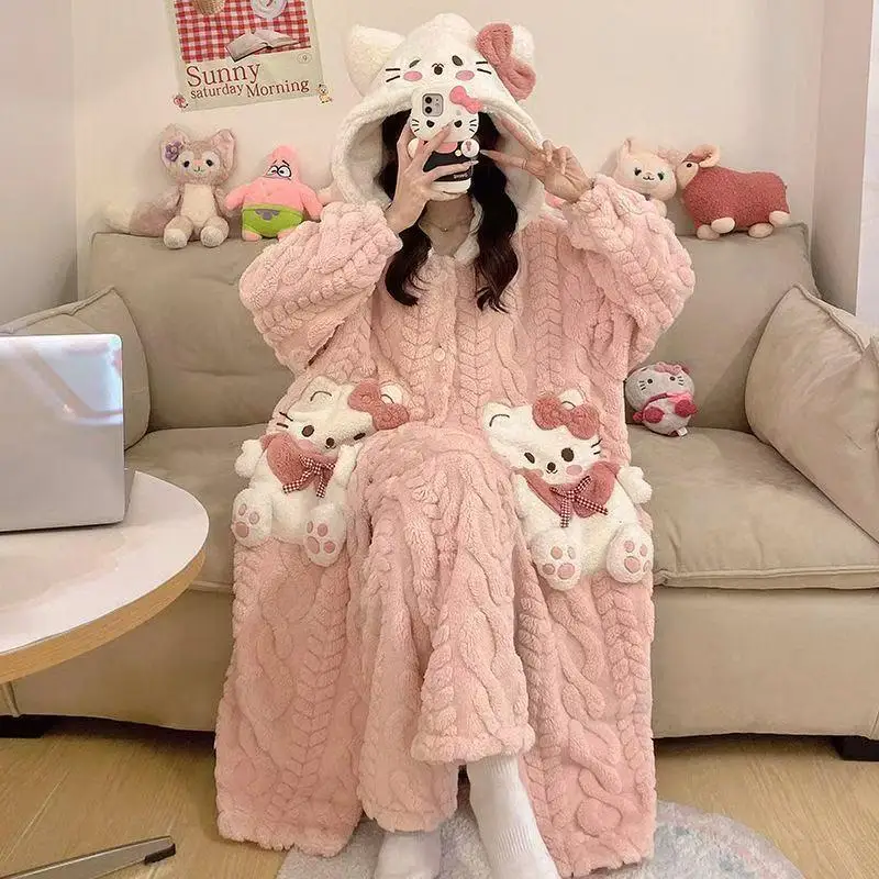 Hot Selling Hello Kittys Velvet Thick Sleeprobe Women's Set Autumn Winter Coral Velvet Home Clothes Warm Bathrobe Sleepwear Long