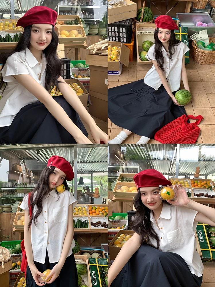 

White ort Sve irt Women's Summer New Sle Fre Korean Loose Top oulder Line Regular Fit Button down Casual irt