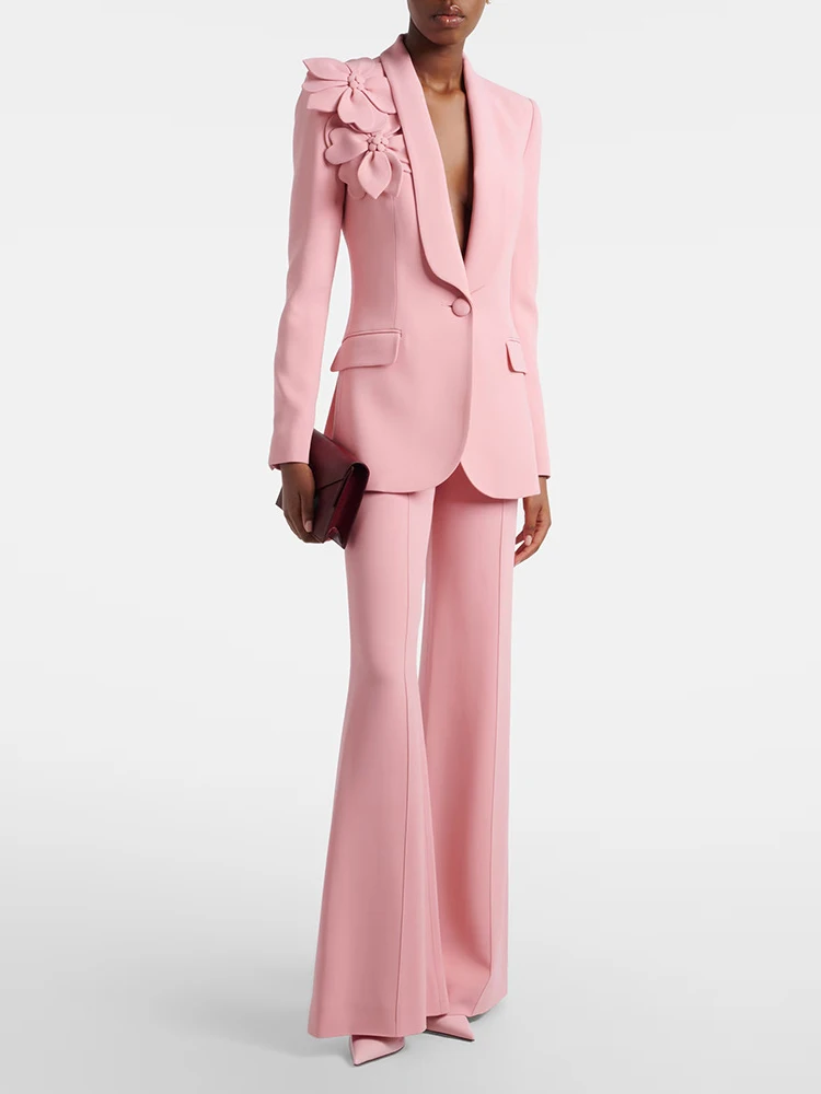 

Women Pants Two Piece Sets Sexy V Neck 3D Floral Applique Blazer + Wide-leg Pants Suits Evening Party Runway Set