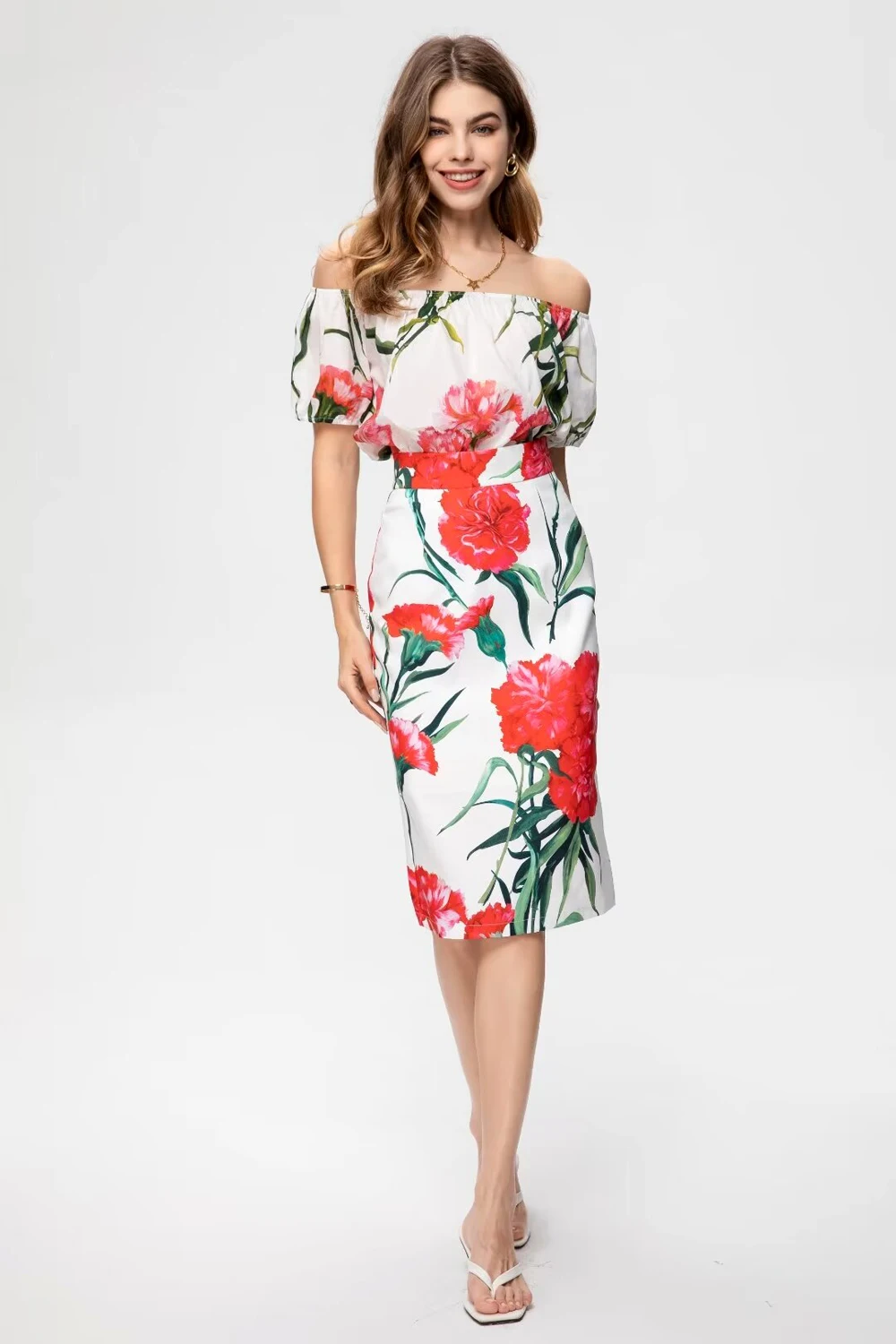 Women's Runway Designer Two Piece Dress Slash Neckline Short Sleeves Blouse with Printed Floral Pencil Skirt Twinsets