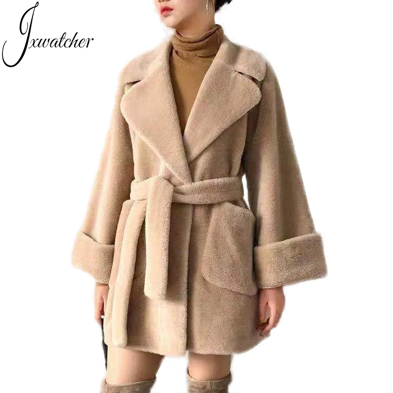 Jxwatcher-abrigo de piel auténtica para mujer, chaqueta coreana con cinturón, abrigos de lana de oveja, abrigo de esquila de oveja auténtica para invierno