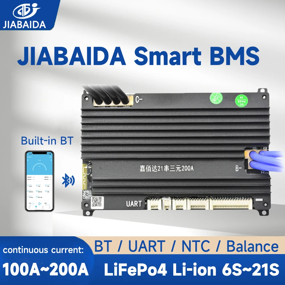 JIABAIDA BMS BT UART 6S-21S Li-ion LiFePo4 Balance de batería 100 ~ 200A de corriente continua JBD Smart BMS 8S 10S 12S 13S 14S 16S 20S