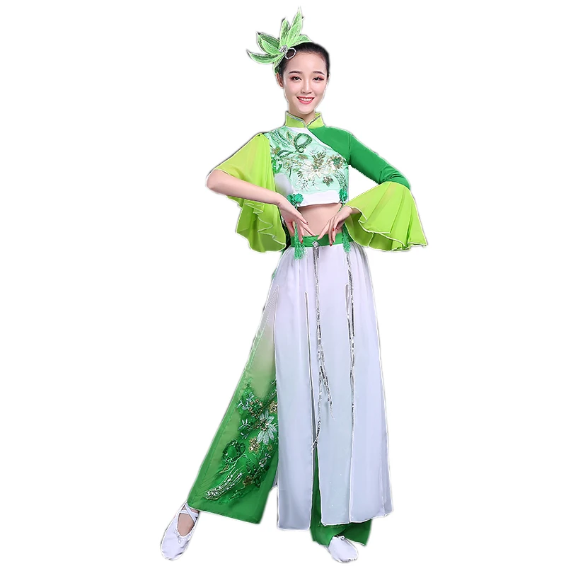 Disfraz de baile clásico Hanfu para mujer, traje de rendimiento Yangko, estilo chino, baile nacional para fanáticos