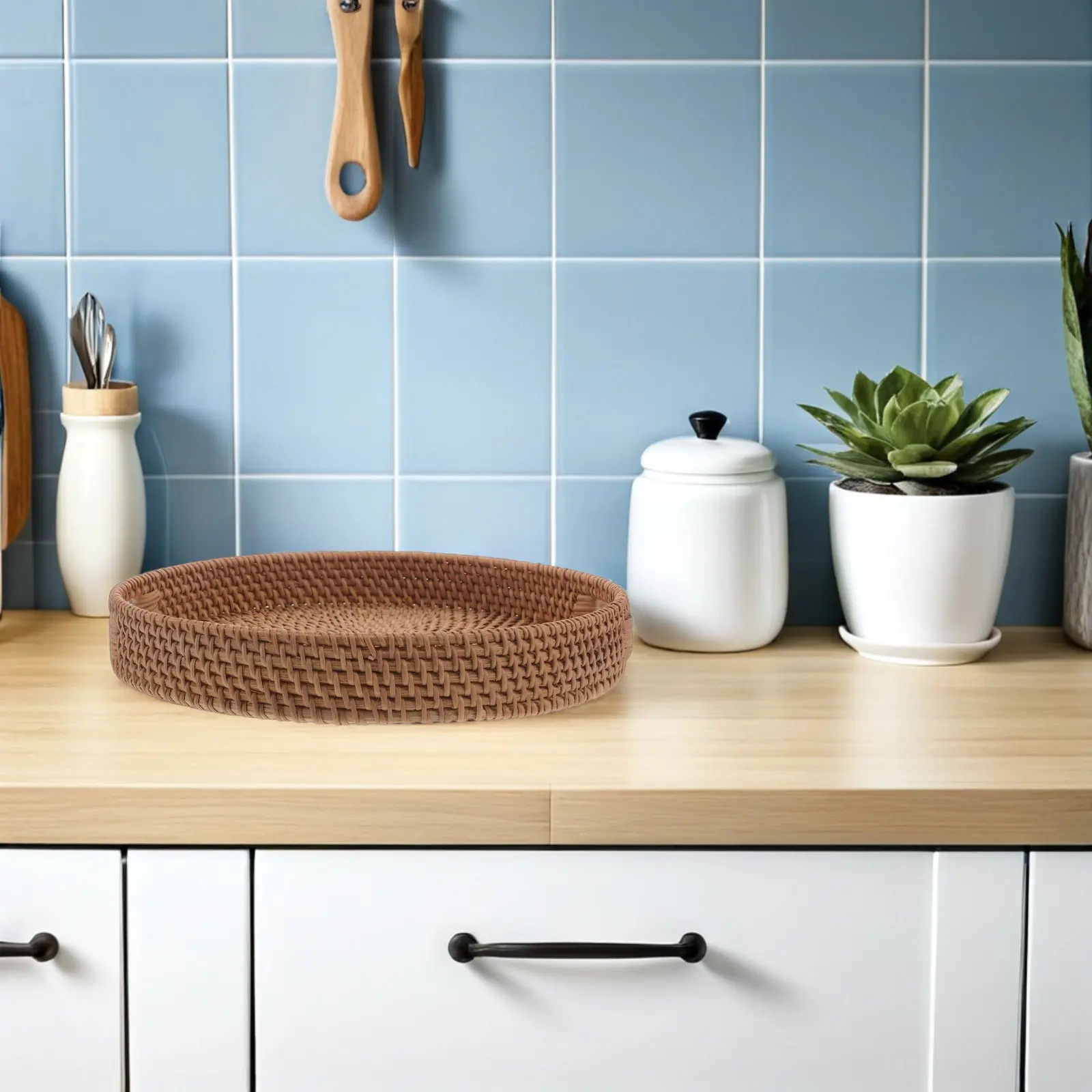 Round Handwoven Rattan Tray with Ergonomic Cutout Handles 29.5cm Natural Woven Serving Tray for Organizer Coffee