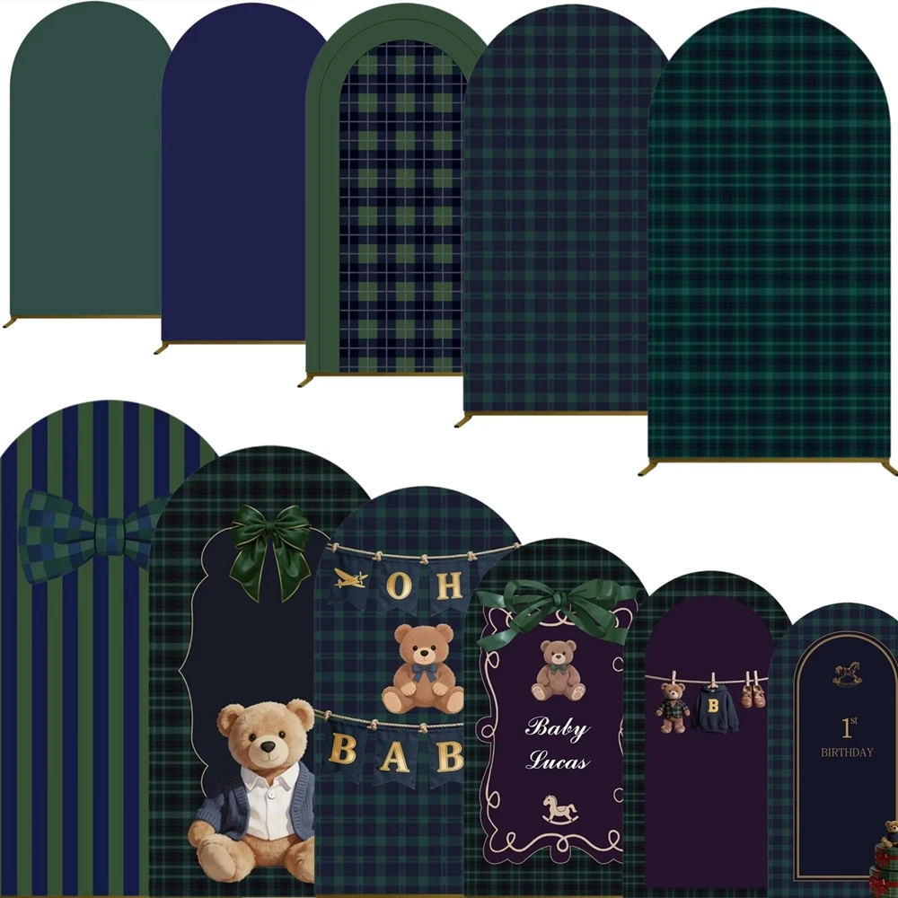 Arche de fond pour anniversaire d'enfants, motif ours vert quadrillé, pour baby shower, nouveau-né, fête du premier anniversaire, décoration de portrait pour enfants