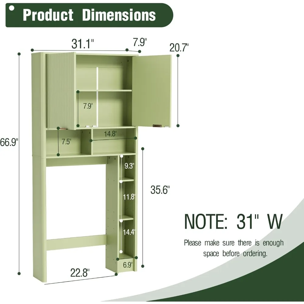 Over Toilet Storage Cabinet in Green - Adjustable Shelves, Wave-Patterned Doors, and Anti-Tip Feature for Bathroom Organization