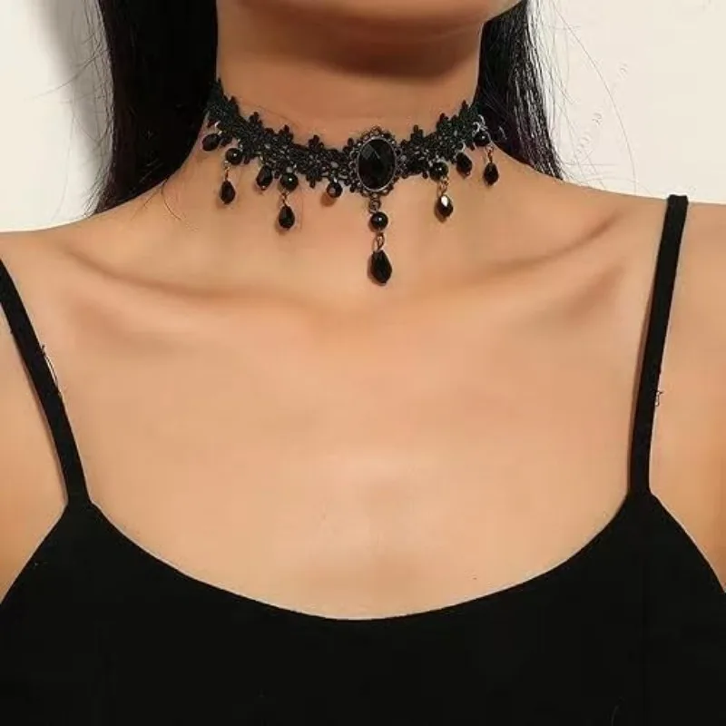 Women's Goth Accessories Set-Black Lace Fingerless Gloves and Velvet Choker Necklace for Halloween,1920s Party&Gothic Cosplay 5
