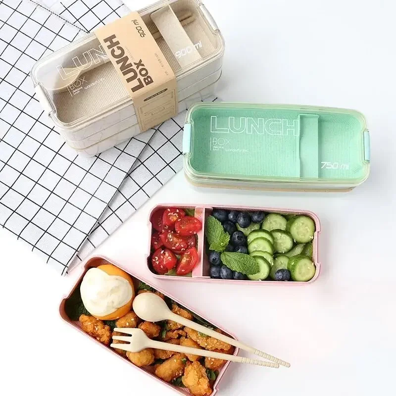 900ml Healthy Material Lunch Box 3 Layer Wheat Straw Bento Boxes Microwave Dinnerware Food Storage Container Lunchbox