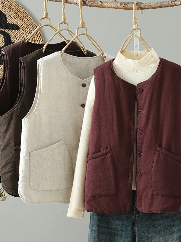Thickened Casual Cotton Linen Vest Women's Autumn Winter Season Versatile Sleeveless Single Button Shoulder Coat Warmth City ...