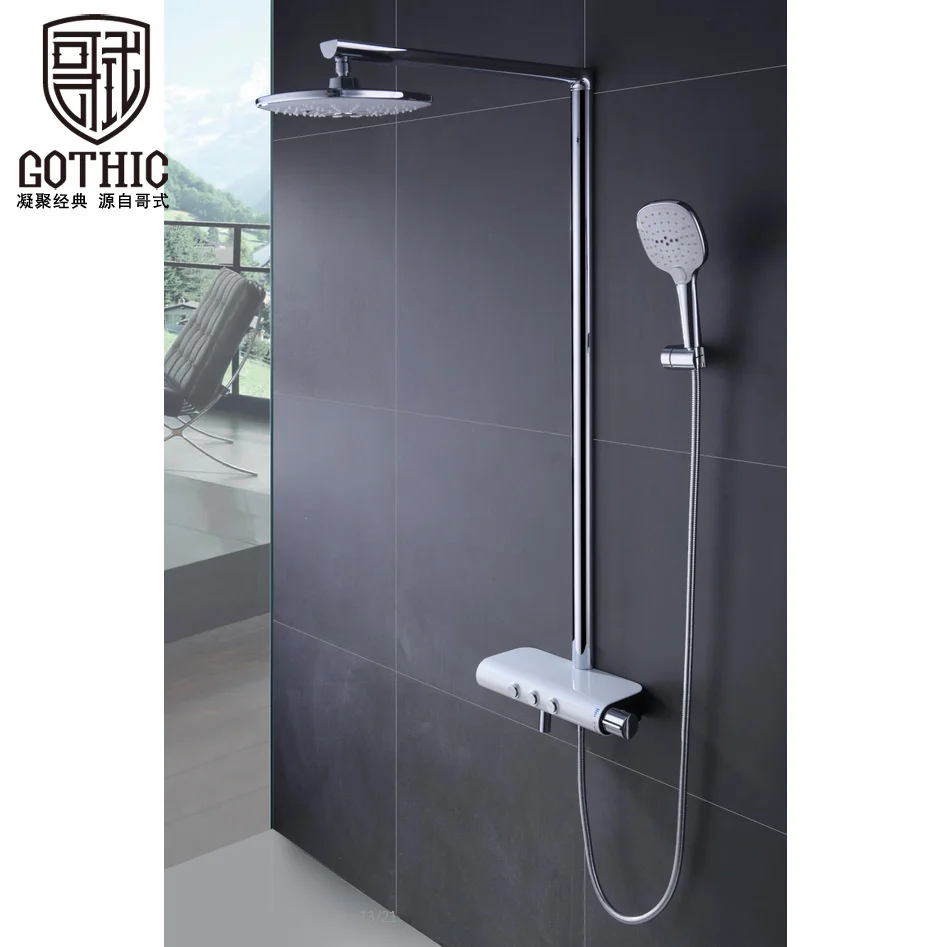 Gothic Refined Brass White Intelligent Constant Temperature Shower Faucet System Button Rainfall Shower Bathroom Shower Set