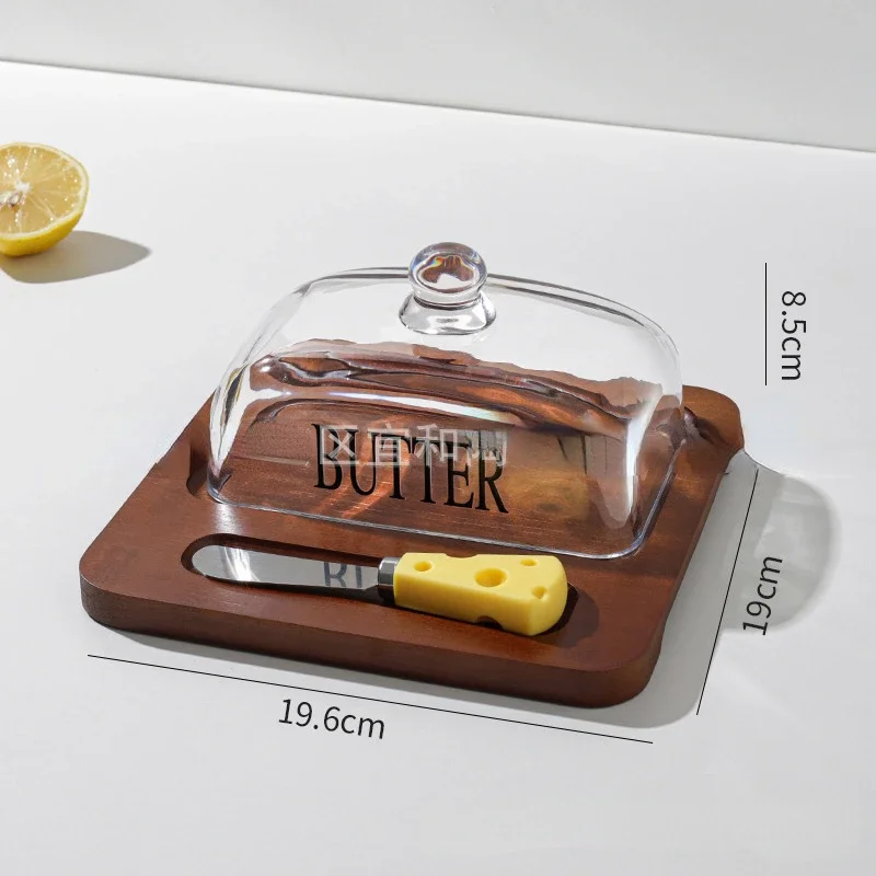 New Wood Butter Dish with Glass Lid and Knife,Cheesecake Dessert Storage Plate,Kitchen Countertop Dish,Butter Cheese Container