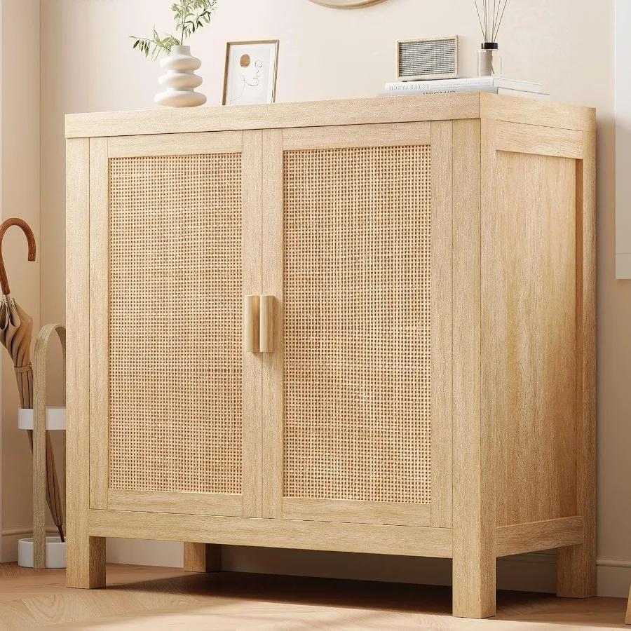 

2 Doors Rattan Storage Cabinet Buffet Cabinet with Shelves Multifunctional Cupboard for Entryway Living Room Kitchen Buffet Tab