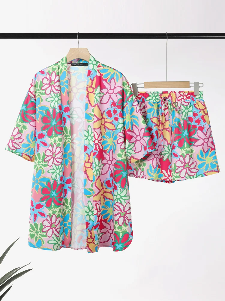 

Casual Loose Outfits Women Short Sets Vintage Floral Printed Cardigans Elastic Waist Short ZANZEA 2025 Fashion OL Work Suits