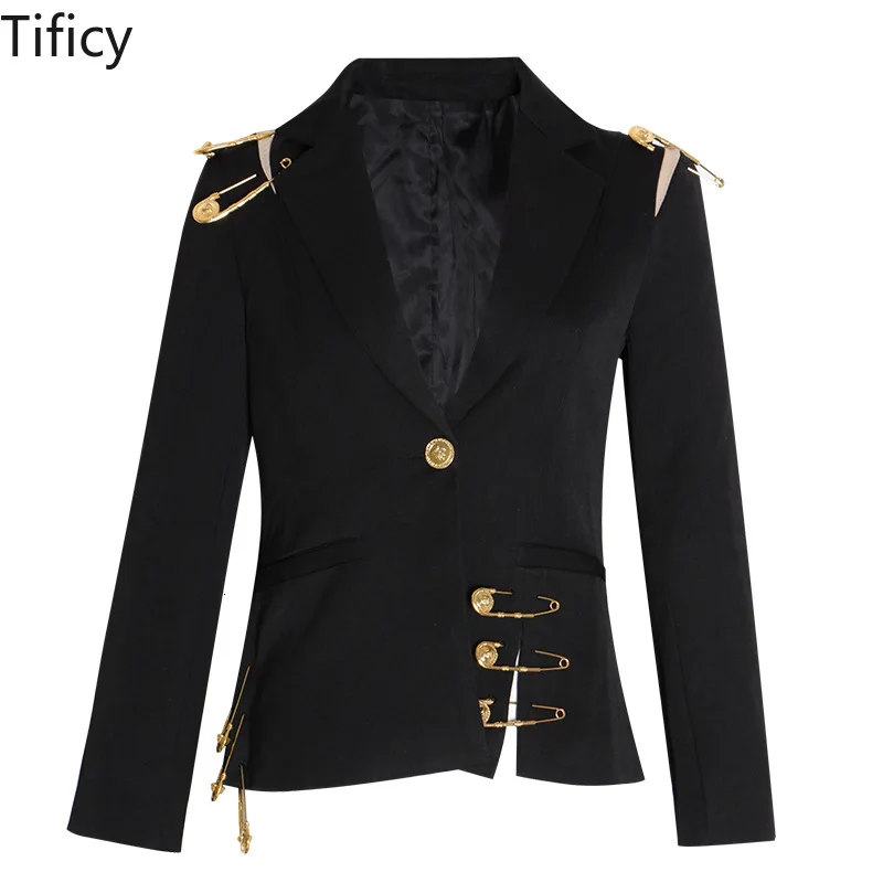 TIFICY Big Pin Embellished Blazer Women\'s Spring 2024 New Fashion Mesh Stitched Long Sleeve Slim Slim Jacket Wholesale