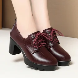 British Style Soft Leather Causal Shoes Women's Chunky Platform Pumps 2024 Spring Comfort Lace-up Block High Heels Oxfords