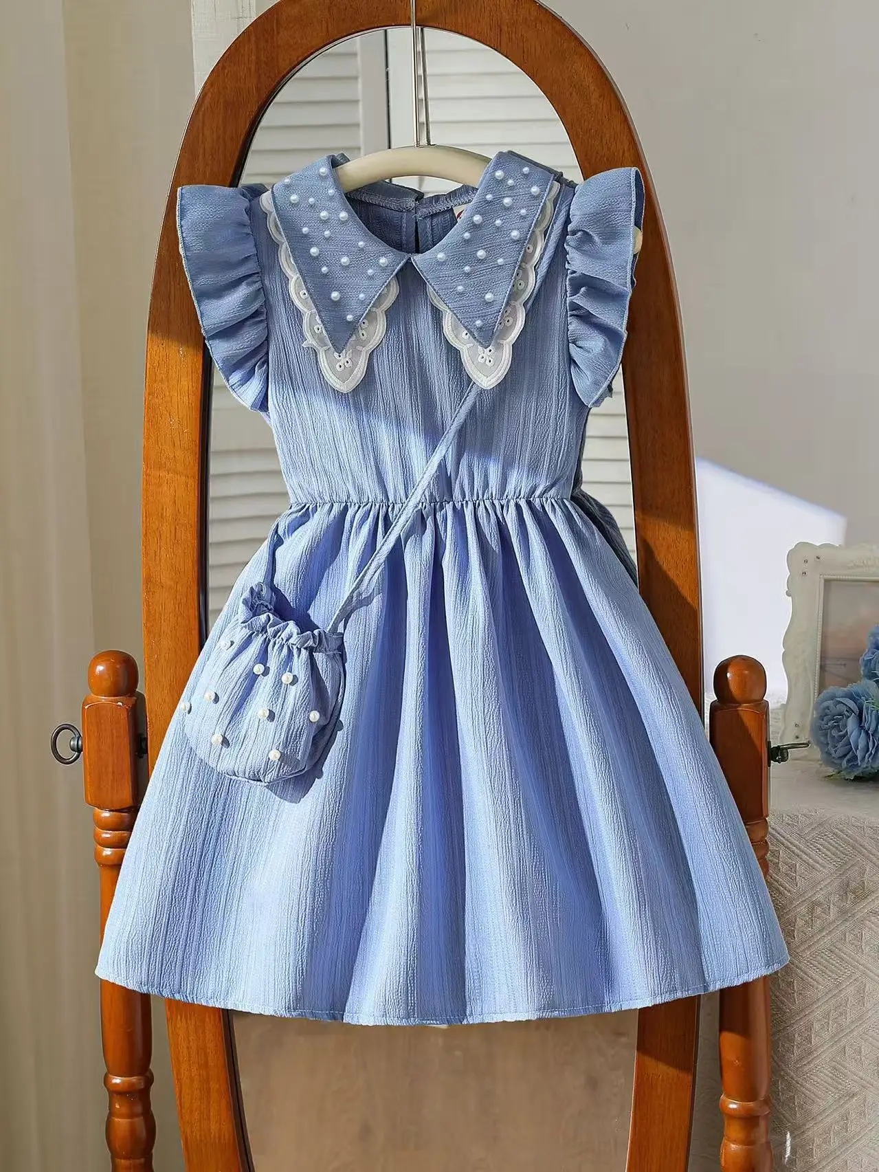 

2026 New Girls Flutter Sleeve Beaded Double Layer Collar Dress with Bag 2 Piece Set for 4-7 Years