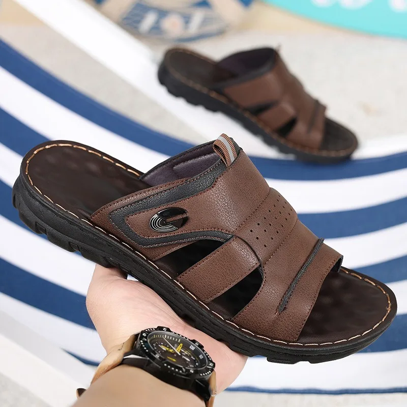 Large Size Men Slippers High Quality Cowhide Leather Slippers Summer Casual Beach Slippers Outdoor Non-slip Flat Sandals for Men image 2