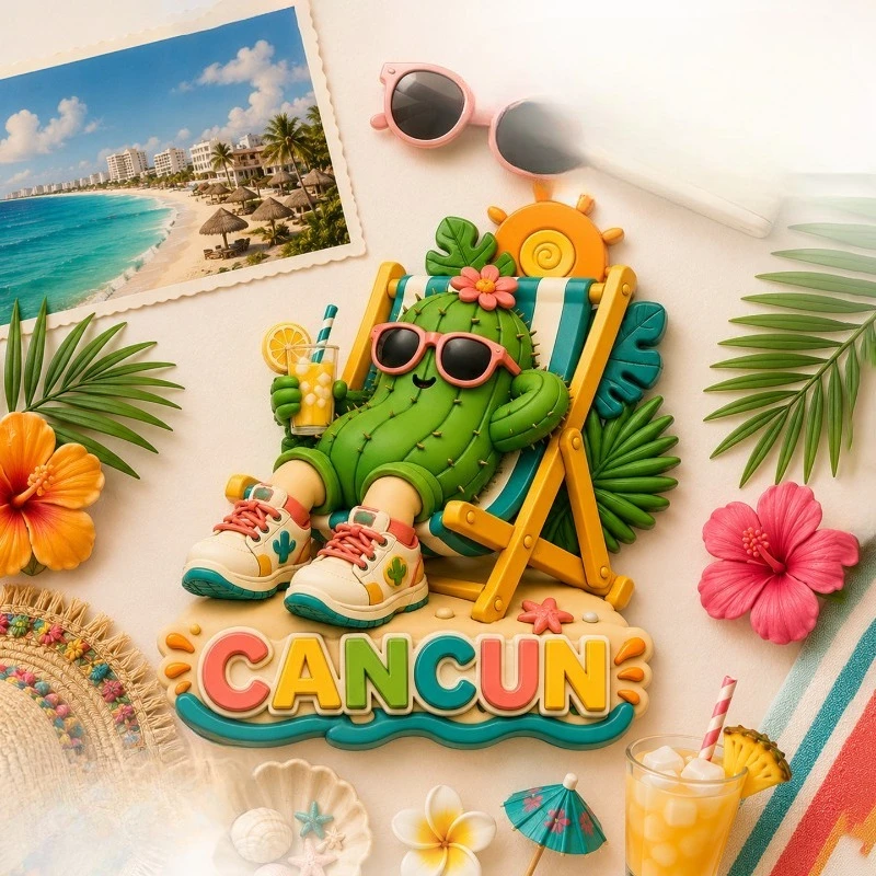 Cancun Cactus Beach Fridge Magnet - Tropical 3D Mexican Souvenir Unique North American Travel Gift for Summer & Coastal Decor