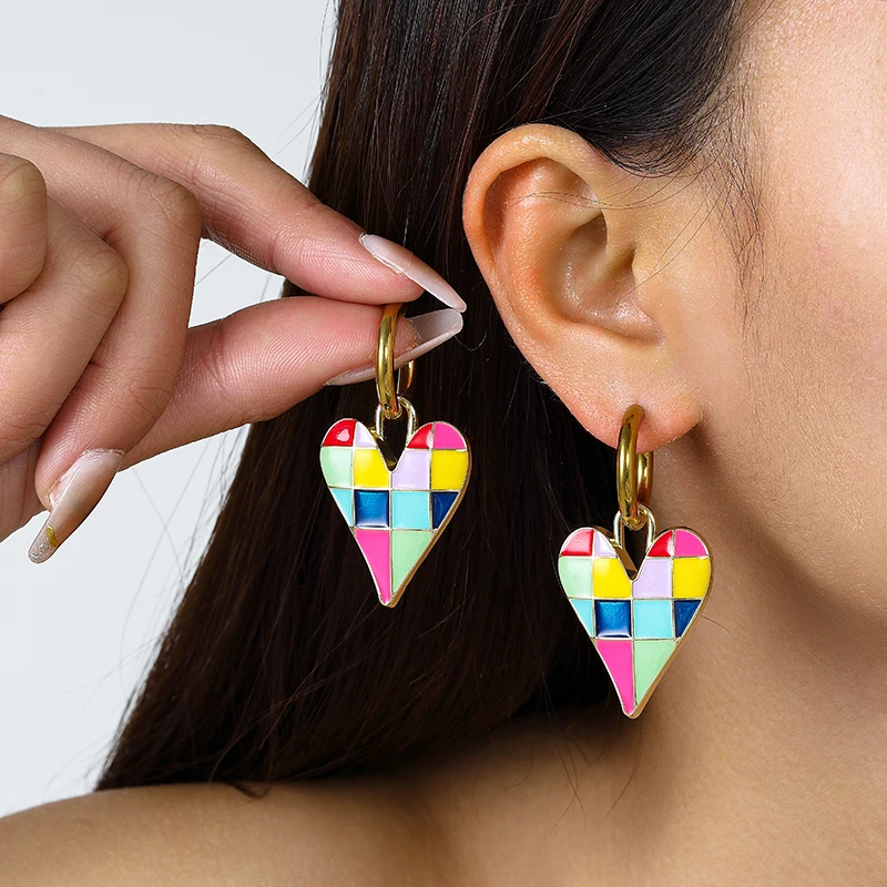 Colorful Love Heart Pendant Gold Color Stainless Steel Earrings For Women Jewelry Vintage Statement Enamel Round Hoop Earrings