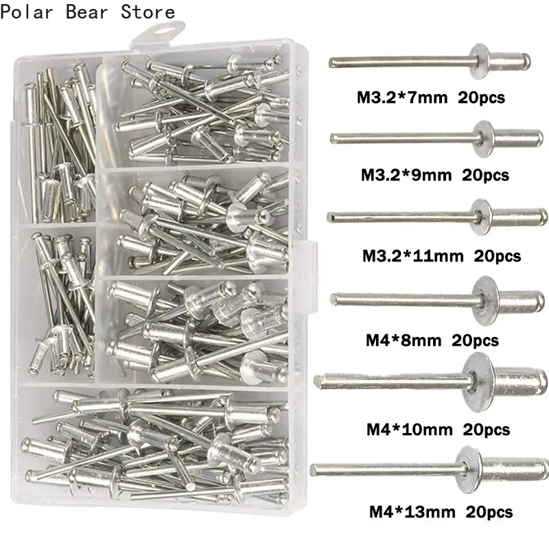 

M3.2 M4 Aluminum Blind Rivets 120pcs/box Dome Head Blind Pop Rivets Assorted Set Rivet Kit Nail Pull for Furniture Assortment