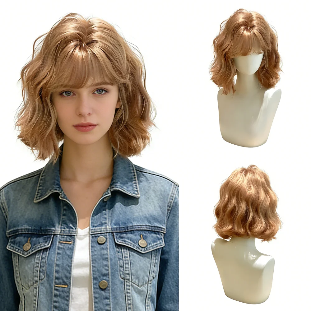 Egg Roll Short Bob Wig Protein Silk Milk Tea Warm Brown Air Fringe Natural Fluffy Synthetic Hair For Women Halloween Party Daily