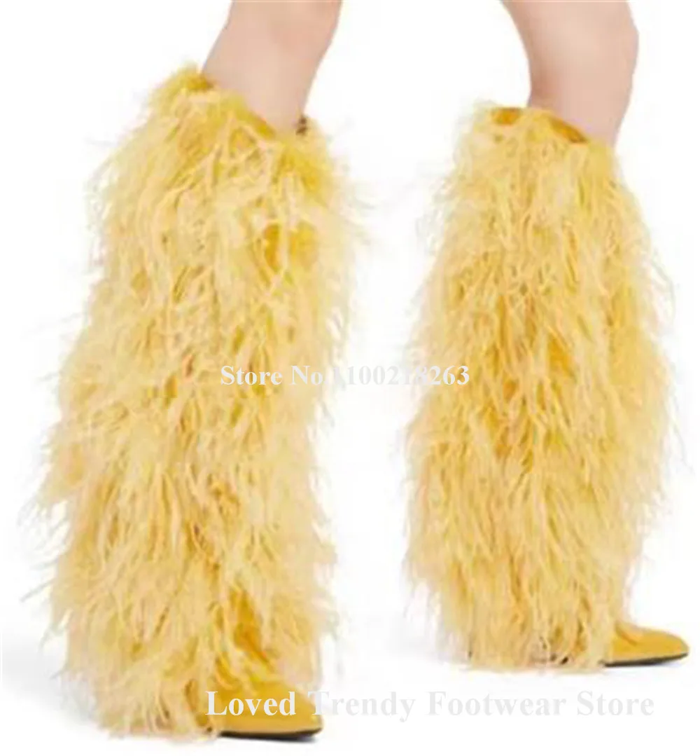 Newest Pink Yellow Fringes Fur Thin Heel Knee High Boots Pointed Toe Feather Stiletto Heel Long Boots Winter Heels