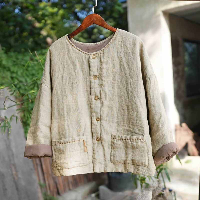 

Женские хлопковые и льняные повседневные пальто, Новое поступление, осень 202, винтажный стиль, однотонные свободные женские толстые теплые куртки с круглым вырезом, M2030