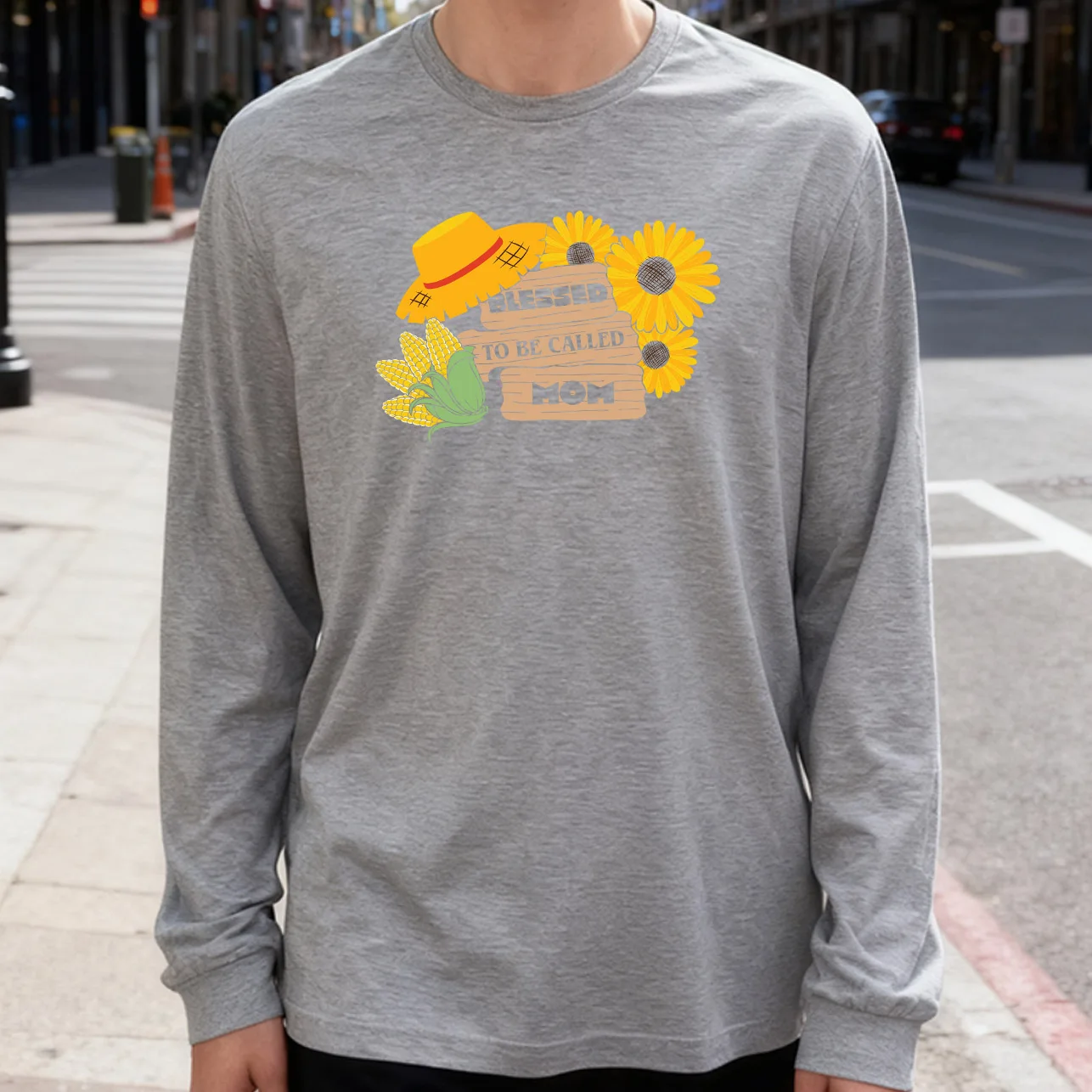 Straw Hat Sunflower Corn Men's Long Sleeve T-Shirt 180g 100% Cotton Printed Crew Neck Casual Daily Wear Soft and Breathable