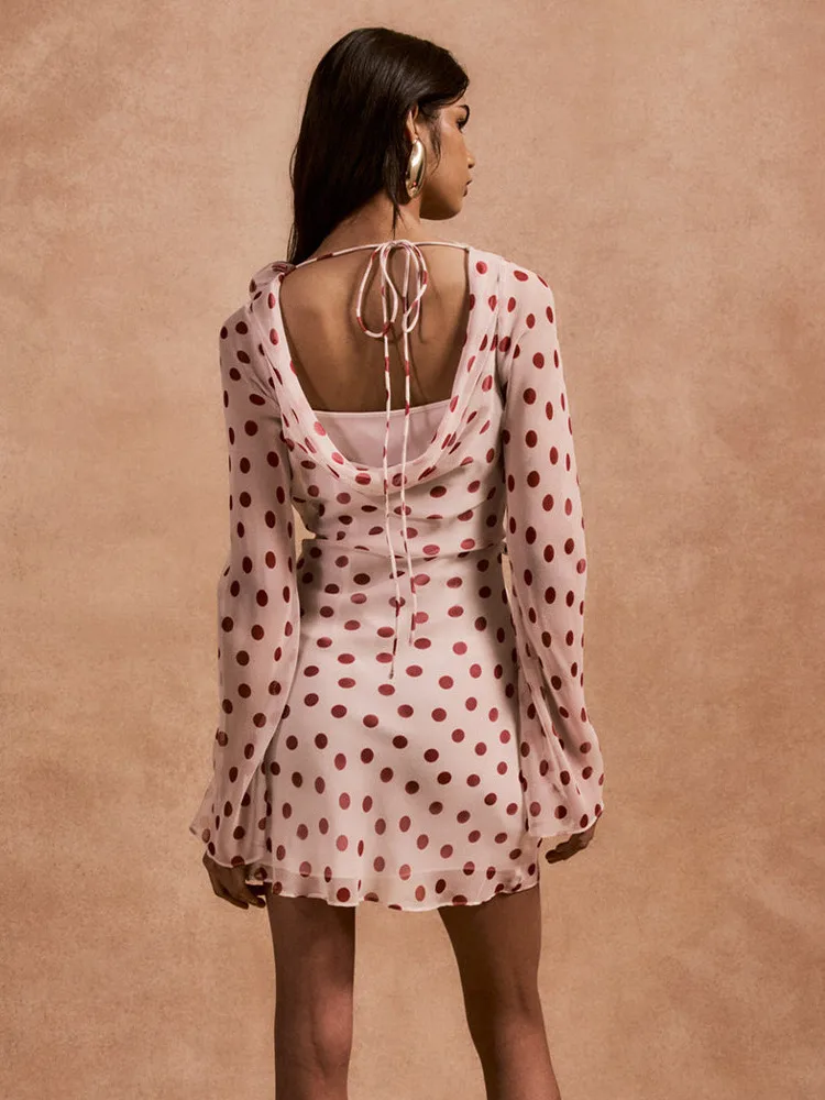 Absobe Dames Pure Chiffon Polka Dot Mini-jurk Swing Hals Lange Mouw Sexy Backless Stropdas Slanke Korte Jurk Y2K Partywear Outfit