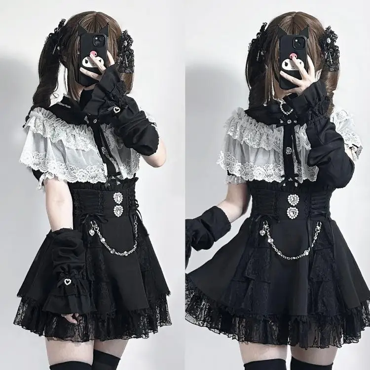 Japanese Original Design Kawaii Sweet Diamonds Beading Mini Skirt A-line Goth Y2k Lace Patch High Waist Shorts Skirts Black