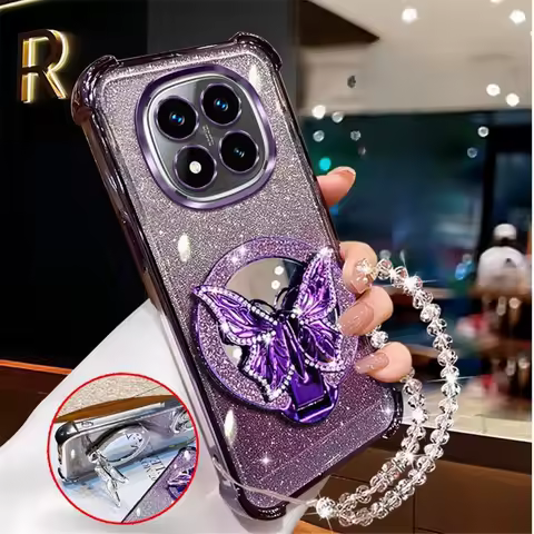 Crystal Bracelet Glitter Butterfly Mirror Stand Case For Xiaomi Poco X7 X6 X5 X3 Pro F7 M8 M6 F6 POCO C65 C75 Shockproof Cover