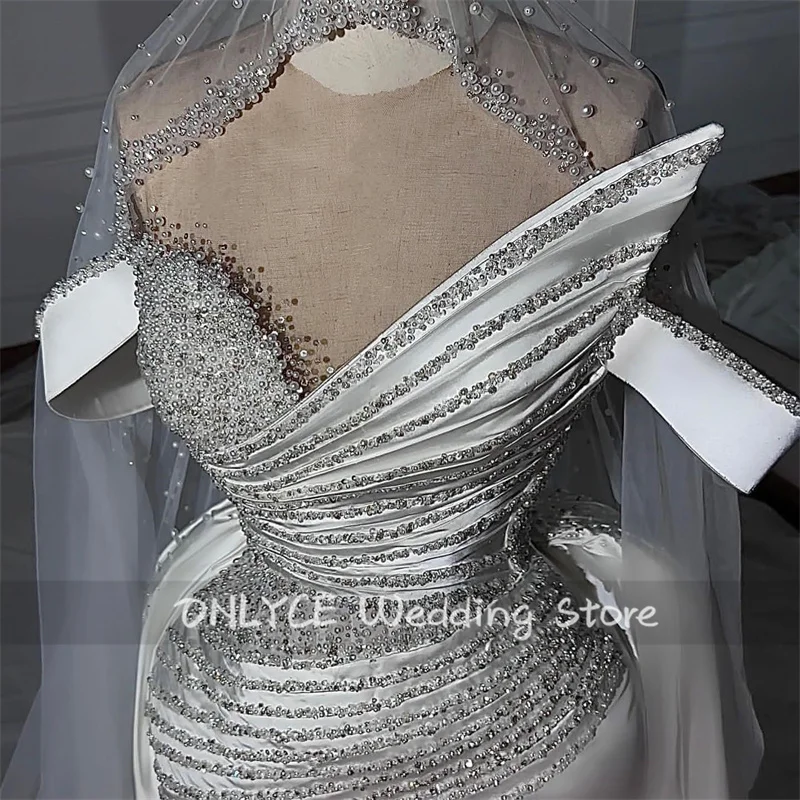 Vestidos De novia brillantes con velo, cola desmontable, sirena, cristales, perlas, abalorios, hombros descubiertos