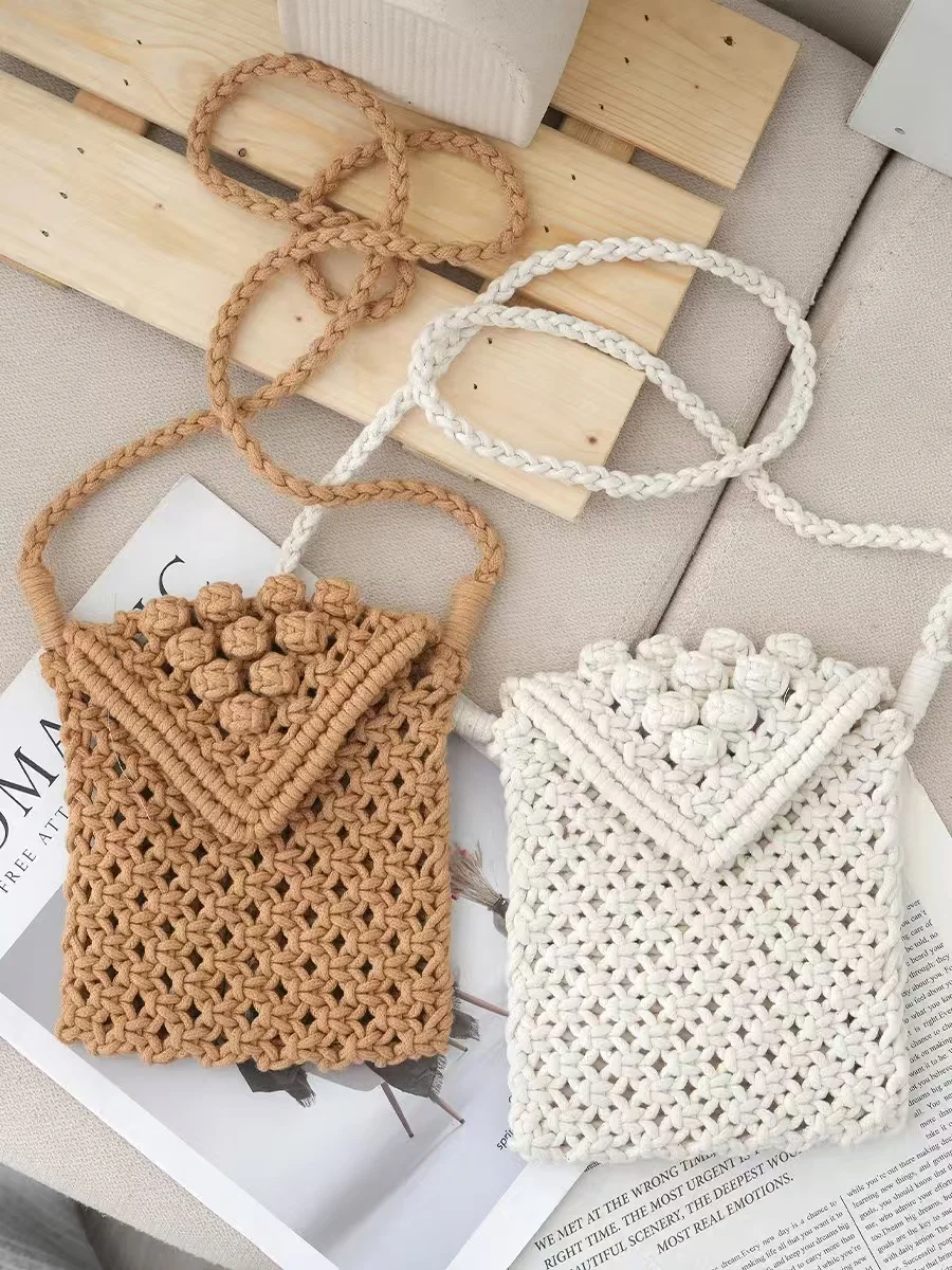 

INS Hot Cotton Stripe Woven Bag Solid Color Hollow Cellphone Wallet Lipsticks Storage Bag Cute Women Beach Camp Shoulder Bag