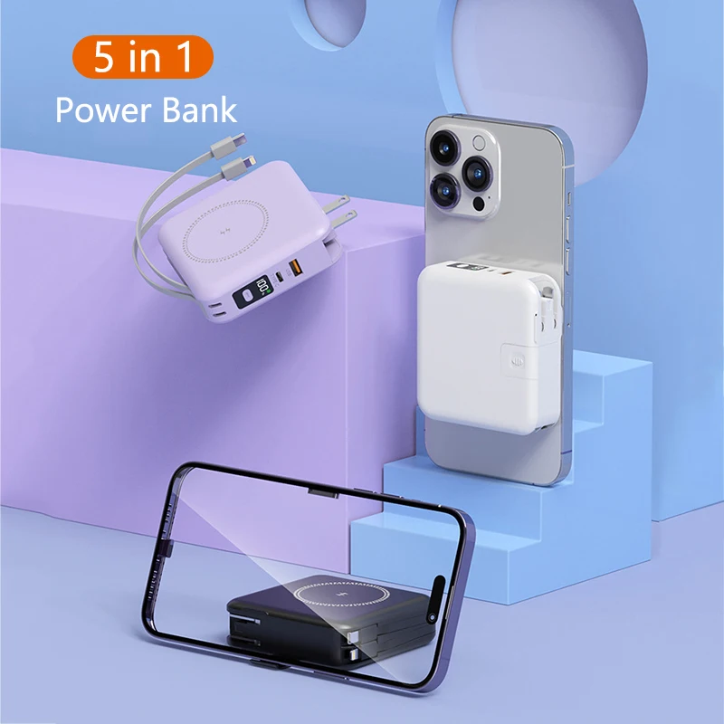 Banco de energia sem fio com cabo tipo C, carregador rápido, iPhone 15, Samsung, Xiaomi, Powerbank, plugue AC, 10000mAh, 22,5 W, 5 em 1