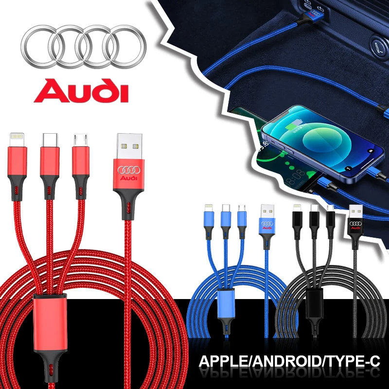 Car Emblem 3 In 1 Type C Lightning Micro USB Fast Charging Cable For AUDI Sline A5 A6 C6 C5 A1 A7 A8 Q2 Q3 S3 RS4 A4 B5 B6 A3 8P